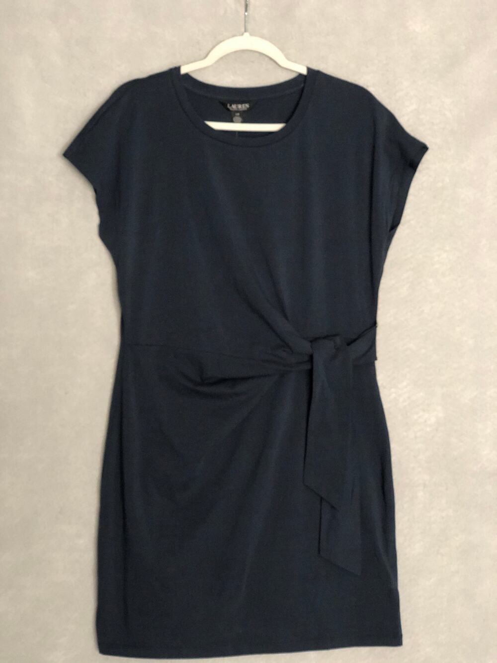 Lauren Ralph Lauren Cotton-Blend Jersey Dress Tie-Front Navy Women's Large NEW